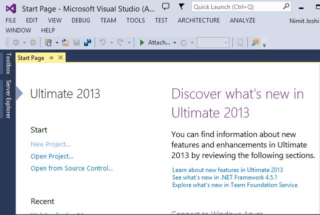 Visual Studio 2013 Start Page